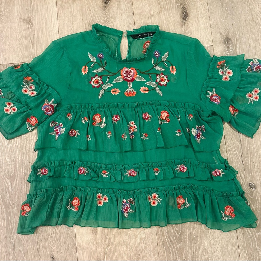 Zara Emerald Floral Embroidered Blouse